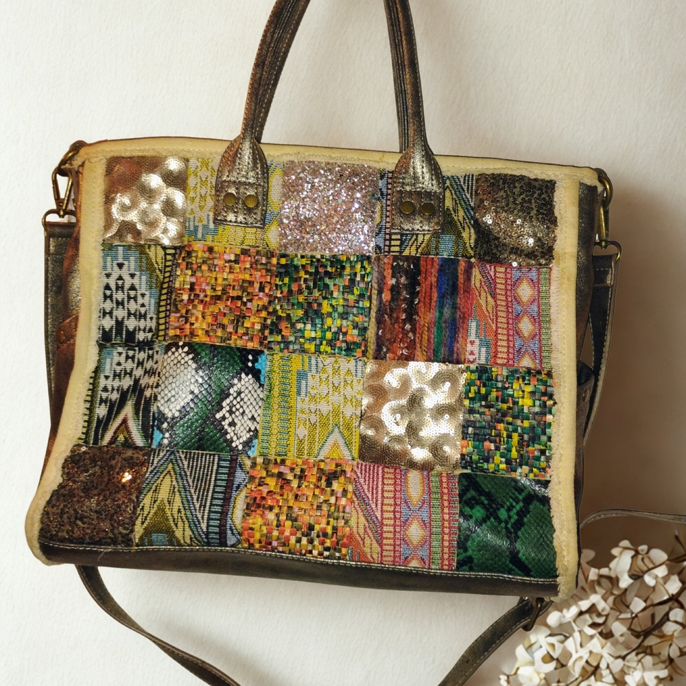 Antik Kraft Earthy Patchwork Tote Bag with Leather Trim